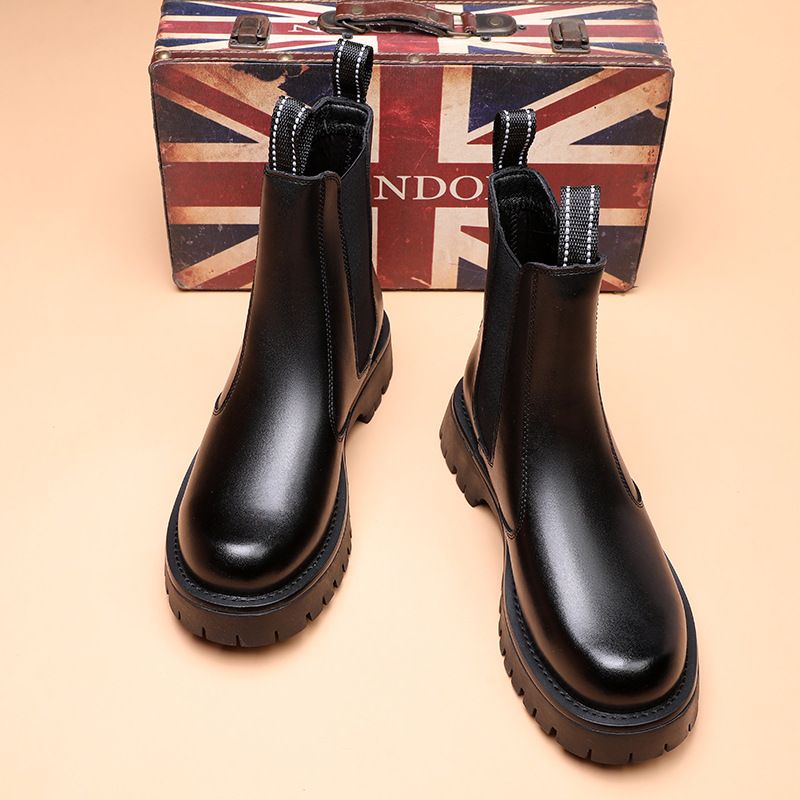 Chelsea Boots Men's Niche Heightened Thick-soled Martin Boots Black Side Zipper High-top Casual Short Boots_voghion.com