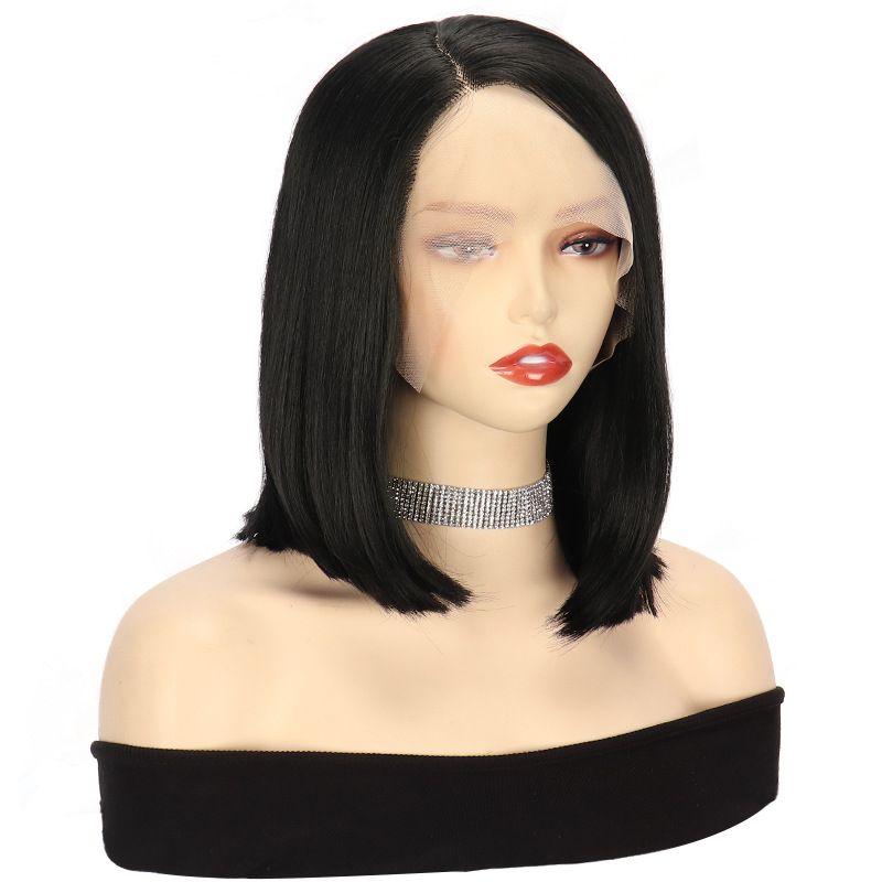 Synthetische Clip-in-Perücken, Lace-Front-Vollkopfperücken, schwarzes, seitlich gescheiteltes, kurzes, glattes Haar, Hochtemperaturdraht, Xuchang-Perücke_voghion.com