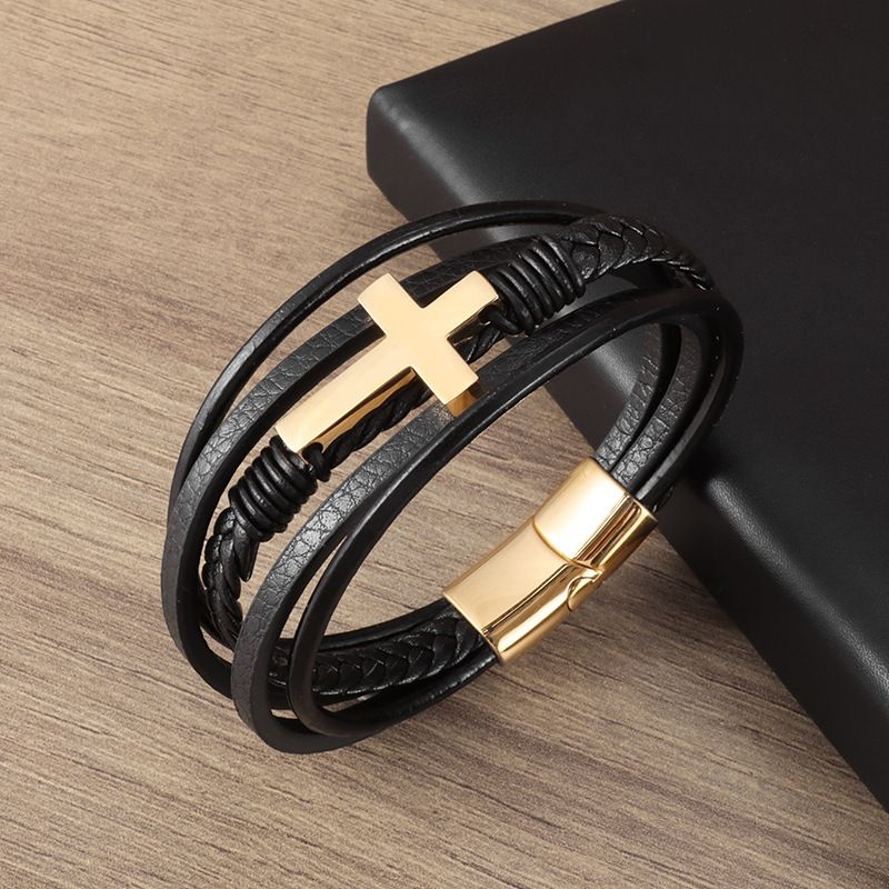 Leren Street Fashion Armband Legering Laser Meerlaags Geweven Kruisvormige Bangle_voghion.com