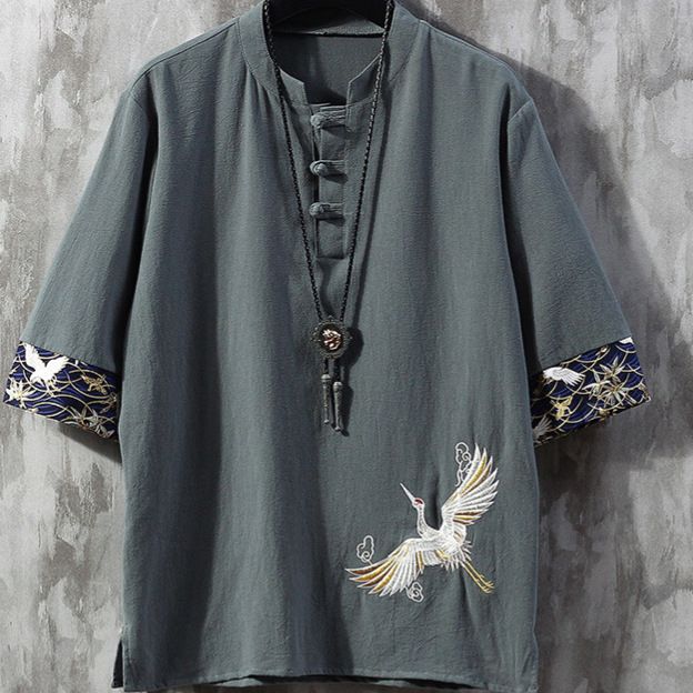 Sommer-T-Shirt im chinesischen Stil mit Kranich-Stickerei, Fünf-in-einem-Ärmel, V-Ausschnitt, Pfannenschnalle, dünn, für Herren, lässig, locker, groß_voghion.com