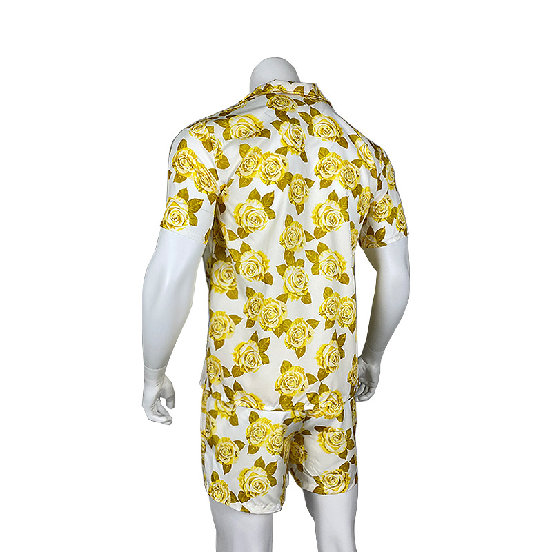 2024 Men's Hawaiian Beach Style with Leaf Printed Shorts, Short Sleeves, Cuban Collar Shirt, Two Piece Set_voghion.com