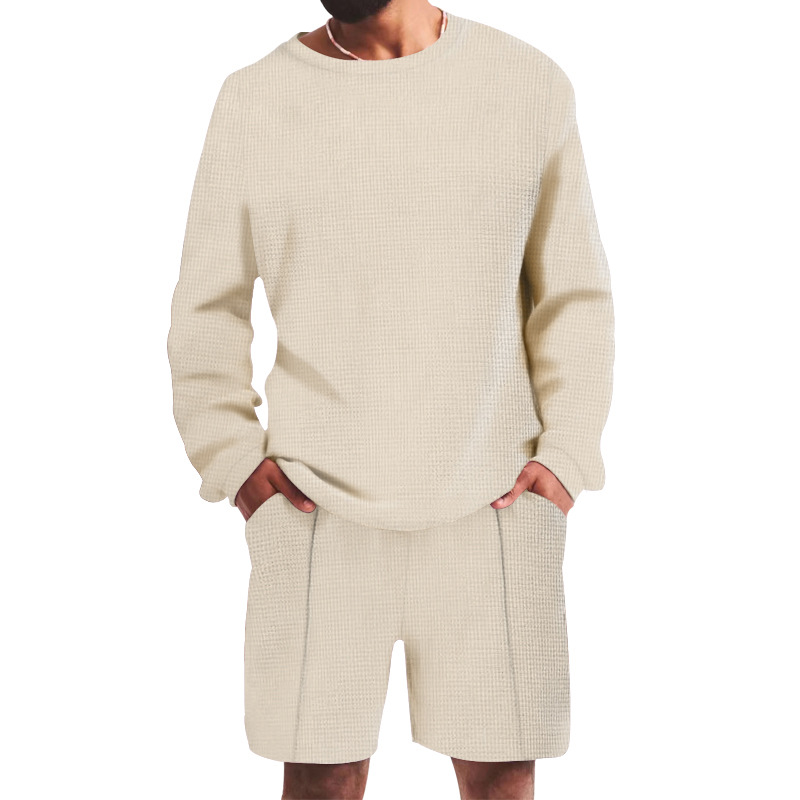 Waffle T-shirt Summer Men's Casual Sports Long Sleeve Shorts Two Piece Set for Men_voghion.com