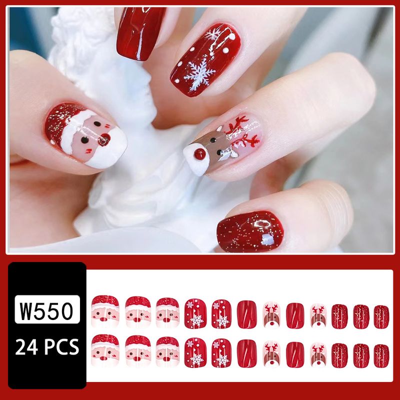 24 pièces par boîte. Faux ongles courts, style Noël, mignon, barbe blanche, vieil homme. festifs, polyvalents et détachables._voghion.com