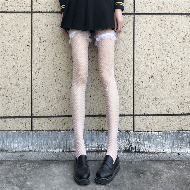 Calzini lunghi a rete con pizzo sopra il ginocchio per donna, carini, stile sottile, sexy, dimagranti, stile JK_voghion.com