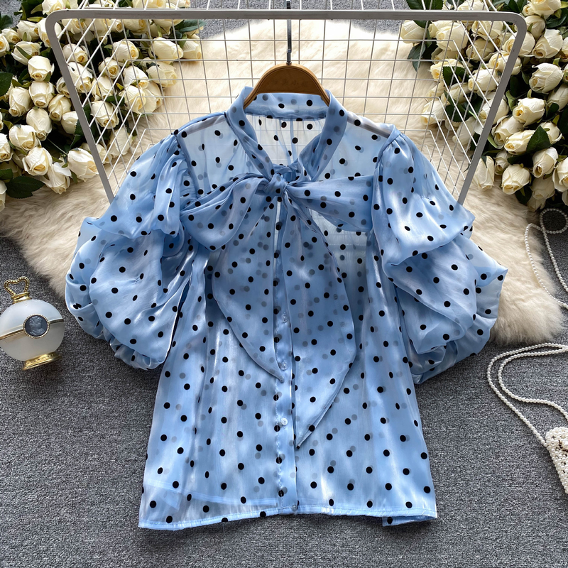 Women's puff sleeve tie bow polka dot shirt thin see-through loose slimming temperament chiffon shirt_voghion.com