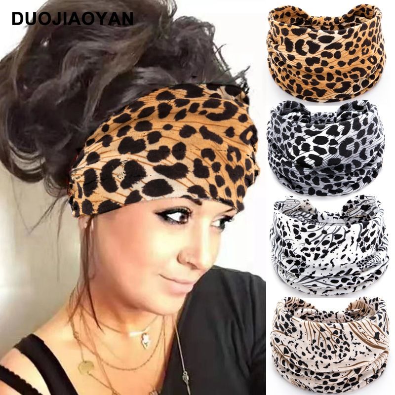 New Leopard Print Digital Printed Sports Headband with European and American Knotted Cross Wide Edge Elastic Headband for Women_voghion.com