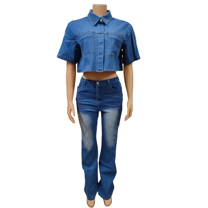 Damenbekleidung Nähte Reverstasche Arbeitskleidung Denim Top Hosenanzug Zweiteiliger Anzug_voghion.com