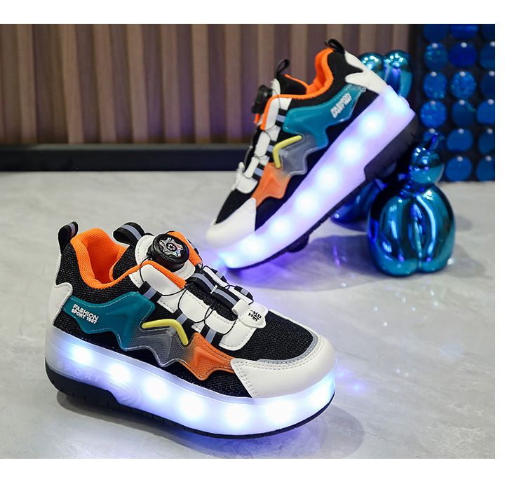 Genopladelige børns farverige lette sko med rulleskøjter og knapsneakers til drenge og piger_voghion.com