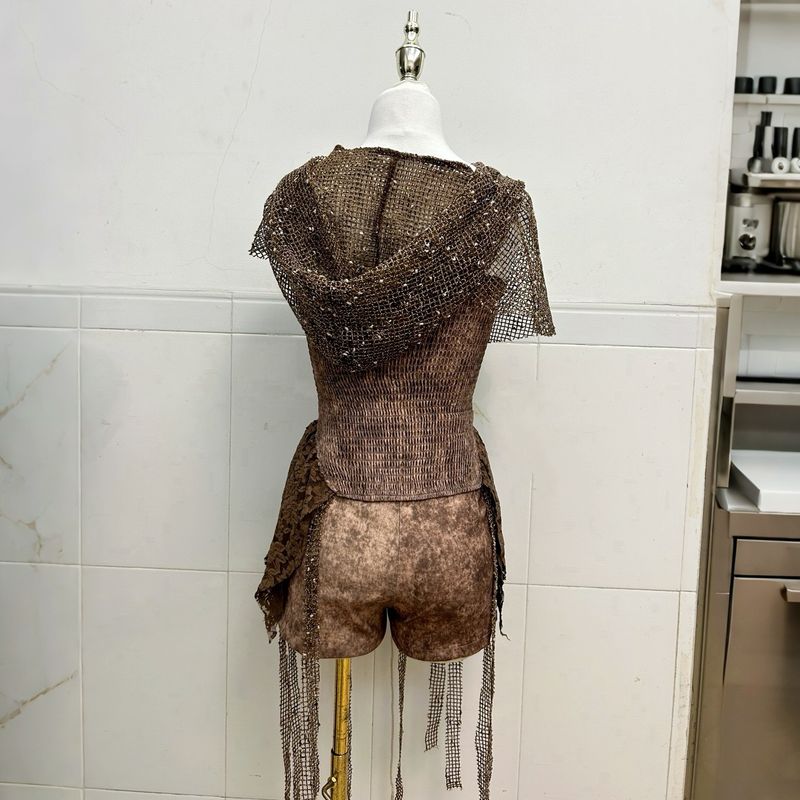 Audday Wasteland Dune Hot Girl Vintage Tie-Dye Irregular Lace-Up Tube Top Shorts + Shawl Headscarf Set_voghion.com