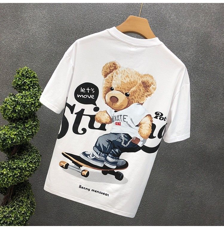 Tecknad björn tryckt kortärmad T-shirt Herr sommar Ny Cyber Populär Samma stil Fashionabla märke All match Casual Youth Base Shirt_voghion.com
