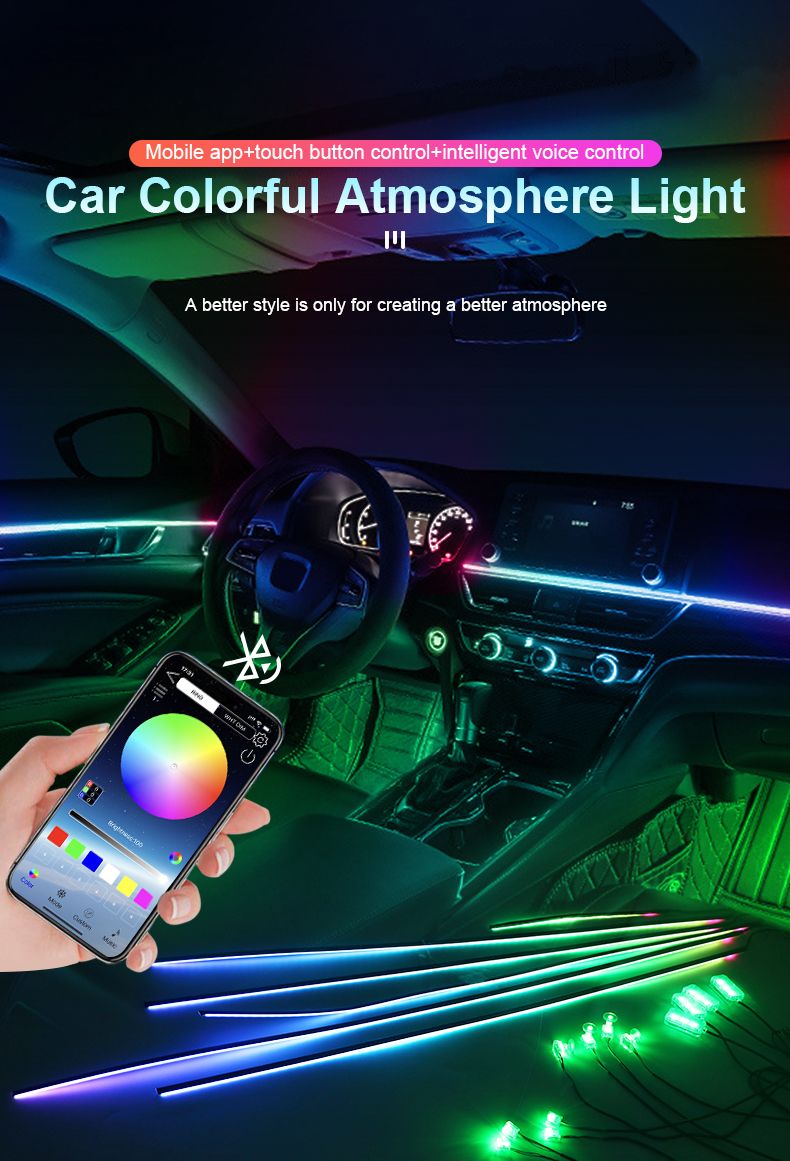 Luz ambiental LED universal para interior de coche, sinfonía a todo color, RGB, 64 colores, tira acrílica oculta, decoración_voghion.com