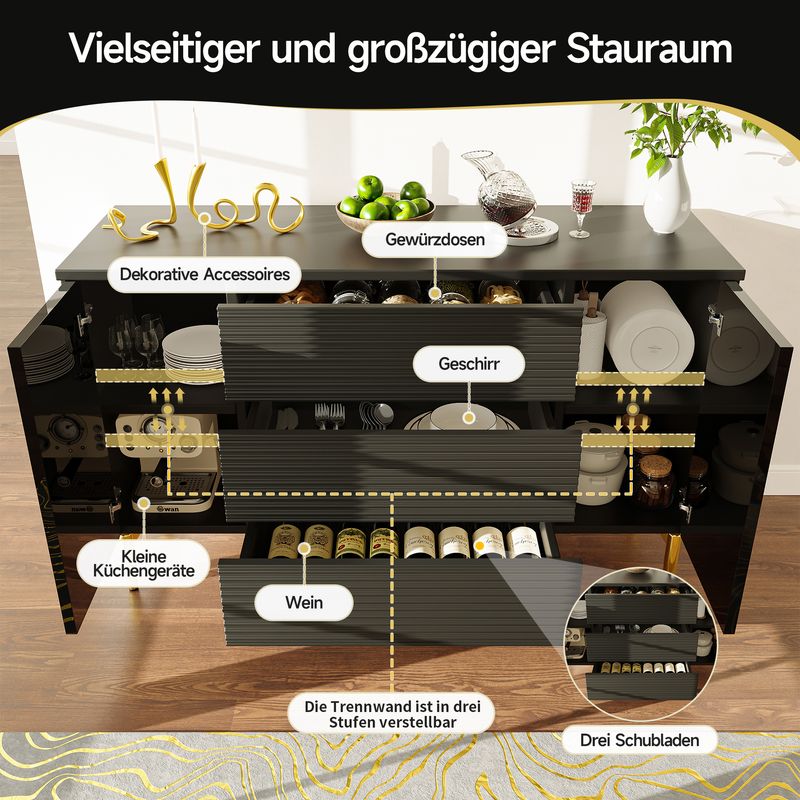 Kommode Schwarz Mit Kariertem Schubladendesign, Goldverzierung_voghion.com