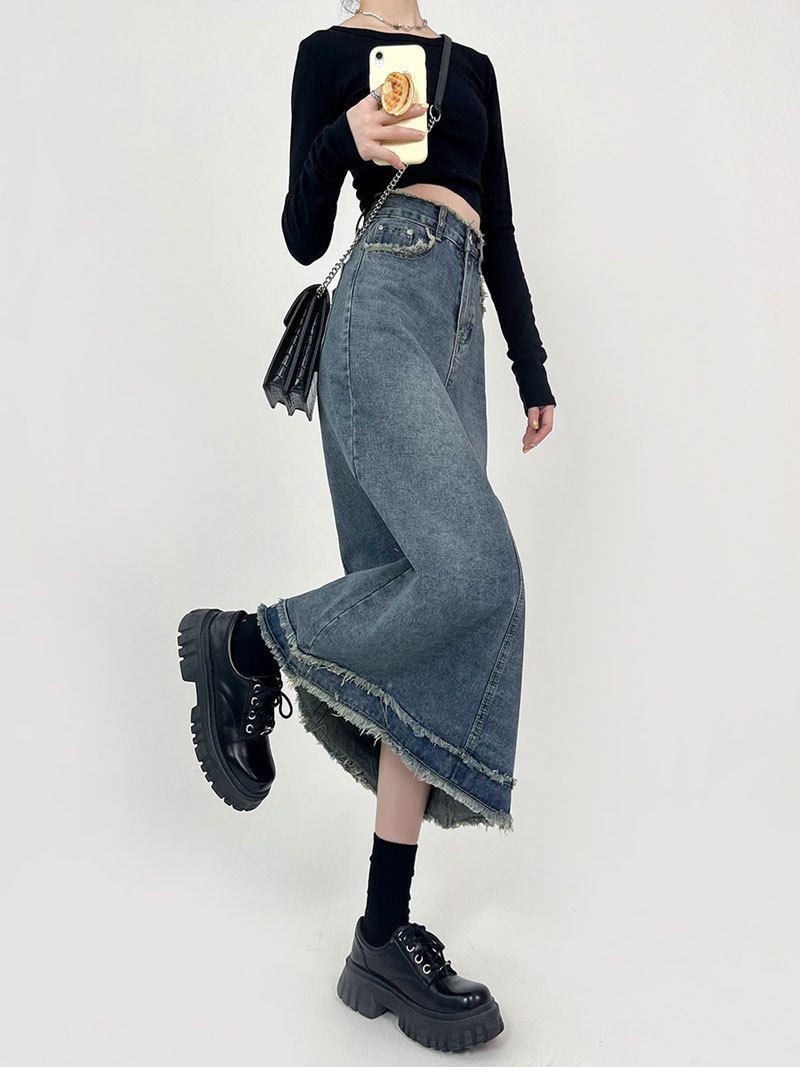 Robuuste denim voor vrouwen met een zomers Instagram-stijlgevoel, een hoge taille halfrok, A-lijn omwikkelde billen_voghion.com