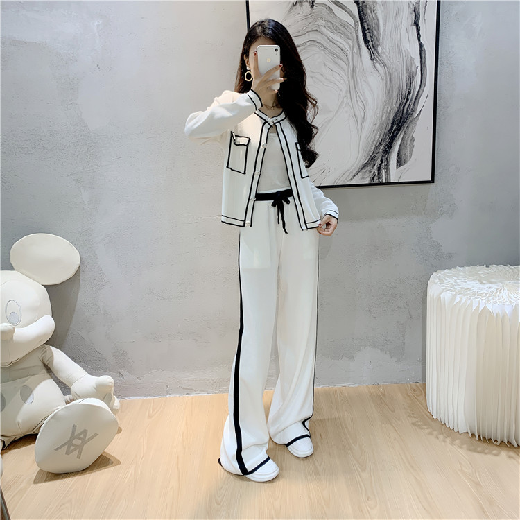 Women's fashion professional suit age-reducing temperament knit cardigan style wide leg pants two-piece set_voghion.com
