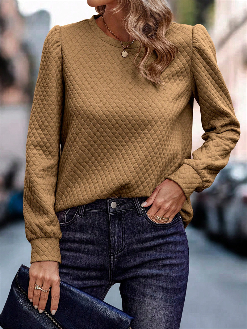 Sweat-shirt à manches longues bouffantes et col rond pour femme, vêtements d'automne et d'hiver, à carreaux d'air chaud_voghion.com