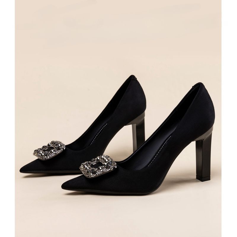 Elegante, professionelle schwarze High Heels für Damen, neue spitze Zehenpartie, Strasssteine, High-End, Pendlerarbeit, klobiger Absatz_voghion.com