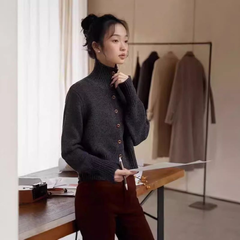 2024 Autumn Winter New High Collar Cashmere Versatile Korean Style Wool Knitted Cardigan Coat Sweater Women's Fashion_voghion.com