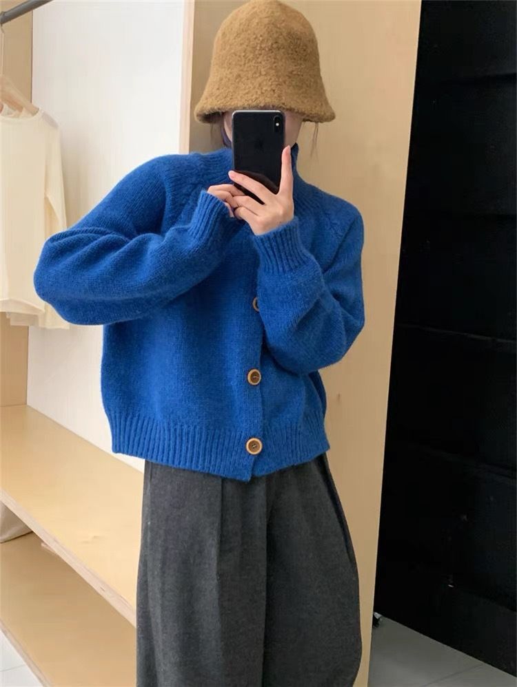Coreano Dongdaemun Brigh Gola Alta Single breased Knied Cardigan Feminino 2024 Outono/Inverno Lazy Warm Sweaer_voghion.com
