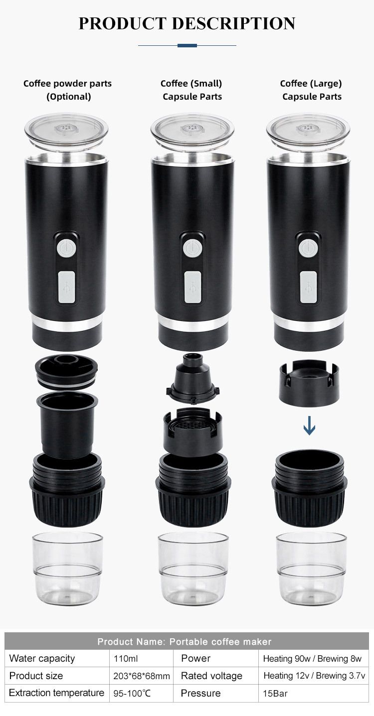 Cafetera de cápsulas portátil, cafetera expreso eléctrica inalámbrica, cafetera de cápsulas para exteriores, café en polvo de doble propósito_voghion.com