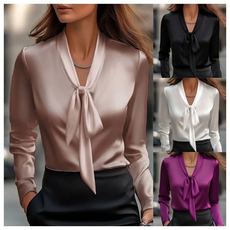 Women's Elegant Satin Lace-Up Blouse – Long Sleeve Solid Color Shirt (Black/White/Pink/Violet, S-XXL)_voghion.com