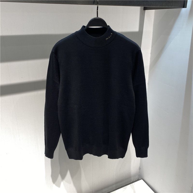 Herenkleding Heren wintertrui zwarte halve coltrui geborduurde wollen trui modieuze heren onderkant trui_voghion.com