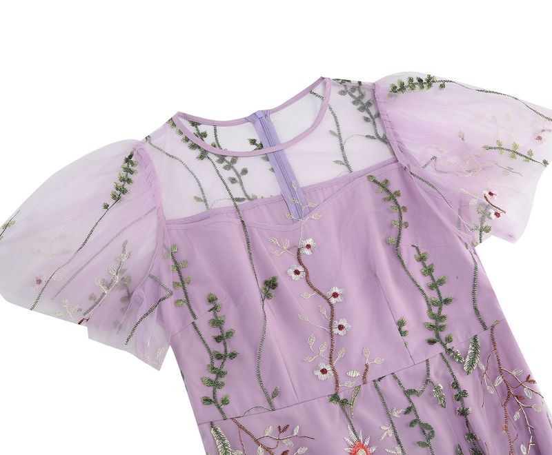 Rundhalsausschnitt, kurzärmeliges Kleid mit schwerer Netzstickerei, 8235 Farbe hinzugefügt_voghion.com