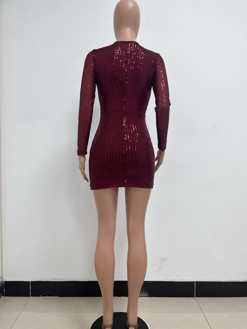 Abito da donna con gonna avvolgente in paillettes a maniche lunghe a V profonda e temperamento, abito sottile a pieghe arricciato_voghion.com