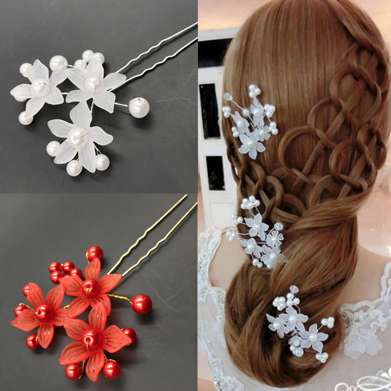Bruids bruiloft hoofdtooi haaraccessoires rode en witte parel kralen matte bloem haarplug U-vormige haarplug haarspeld groothandel_voghion.com