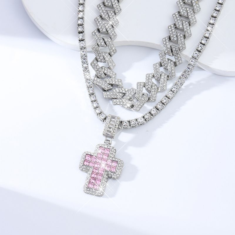 Pandantiv cruce roz cu personalitate în stil nou, cu lanț cubanez cu diamant, set de lanțuri de tenis, accesorii hip-hop în stil stradal din aliaj_voghion.com