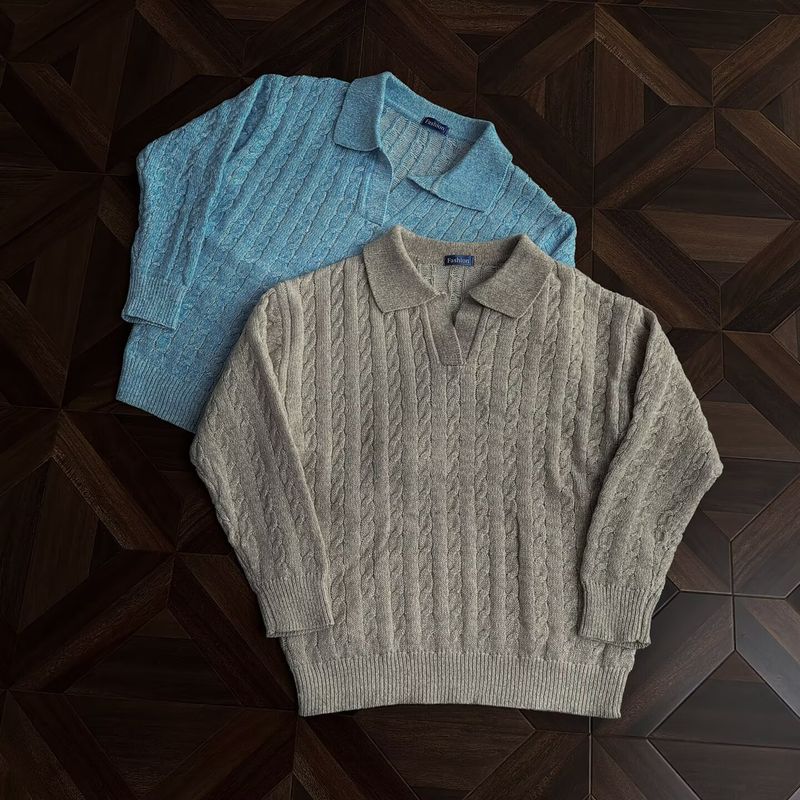 Maglione classico con colletto jacquard: intramontabile ed elegante (S-3XL, grigio/beige/blu, vestibilità comoda, lavabile in lavatrice)_voghion.com