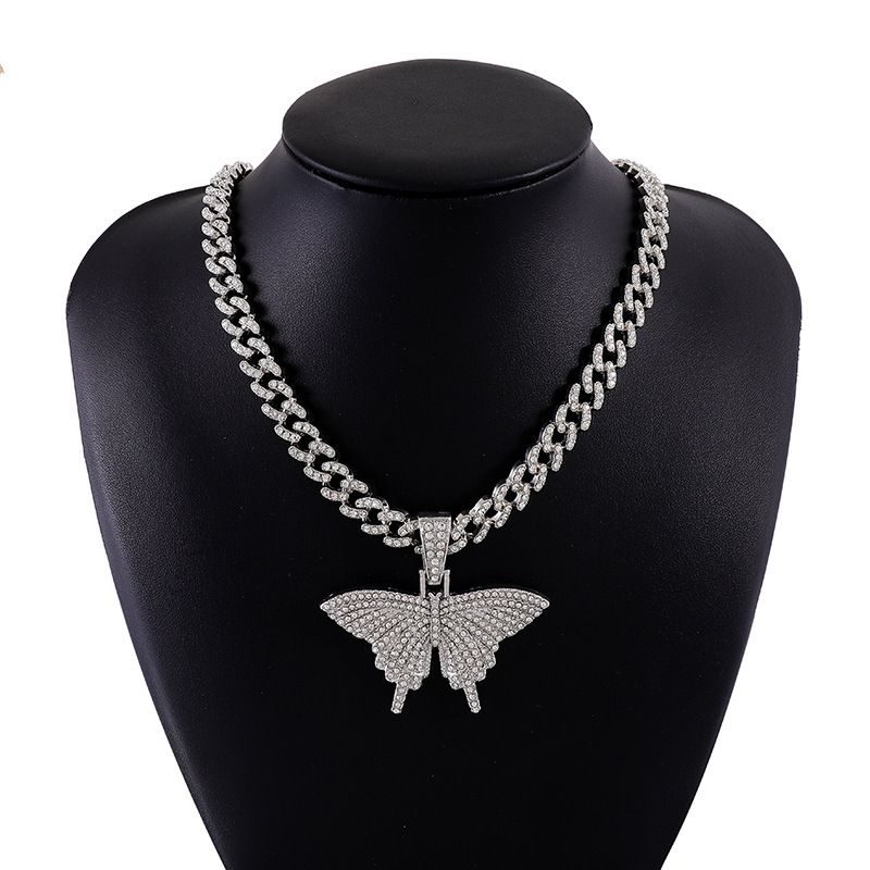 Street Hip-Hop Rhinestone Butterfly Hiphop Trendy Couple Cuban Necklace Pendant_voghion.com