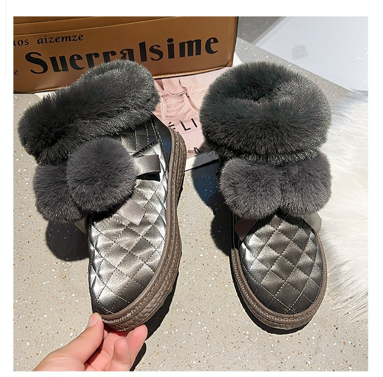 Kurzrohr-Schneestiefel für Damen, Winter plus Samt, 2023 neuer Fellknäuel, verdickte und warme, einbeinige Beanie-Baumwollschuhe_voghion.com