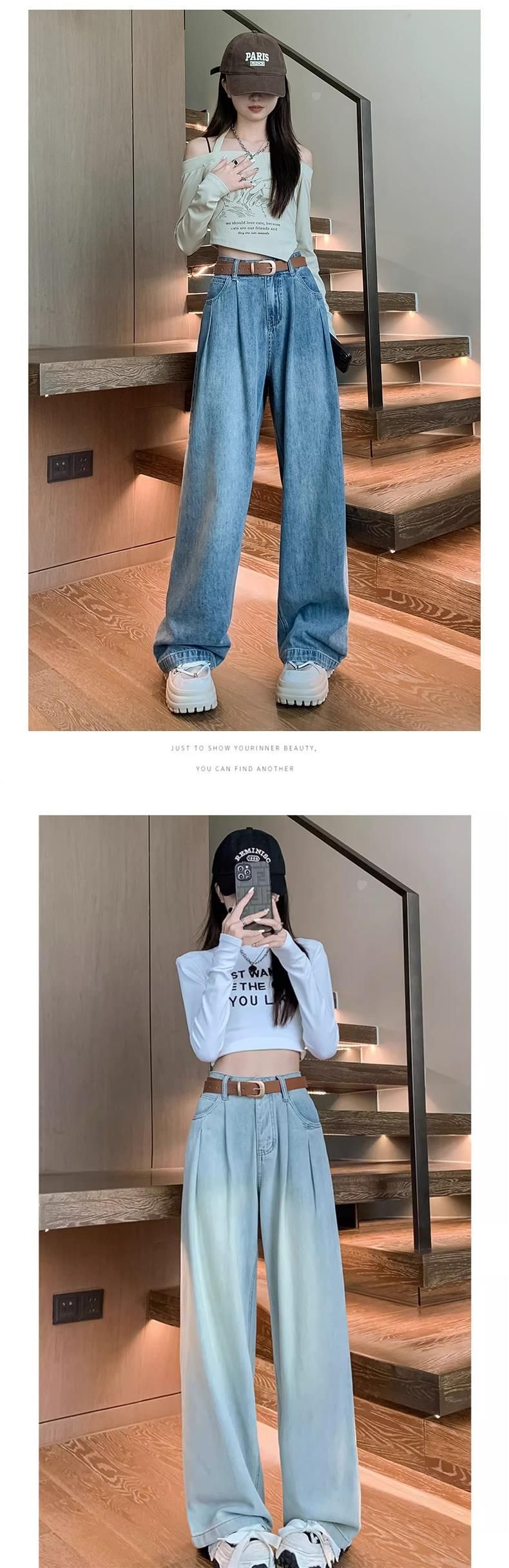 Zementgraue weite Jeans für Damen im Herbst, neue hoch taillierte amerikanische gerade Beinhose, lockere und vielseitige hängende Bodenhose_voghion.com