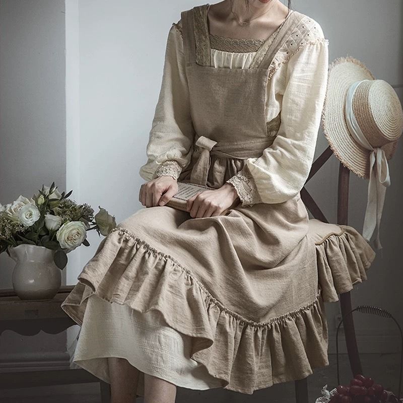 French Retro Pastoral Style Artistic Temperament For Home Kitchen Cooking Oil-Proof Nordic Solid Color Apron_voghion.com