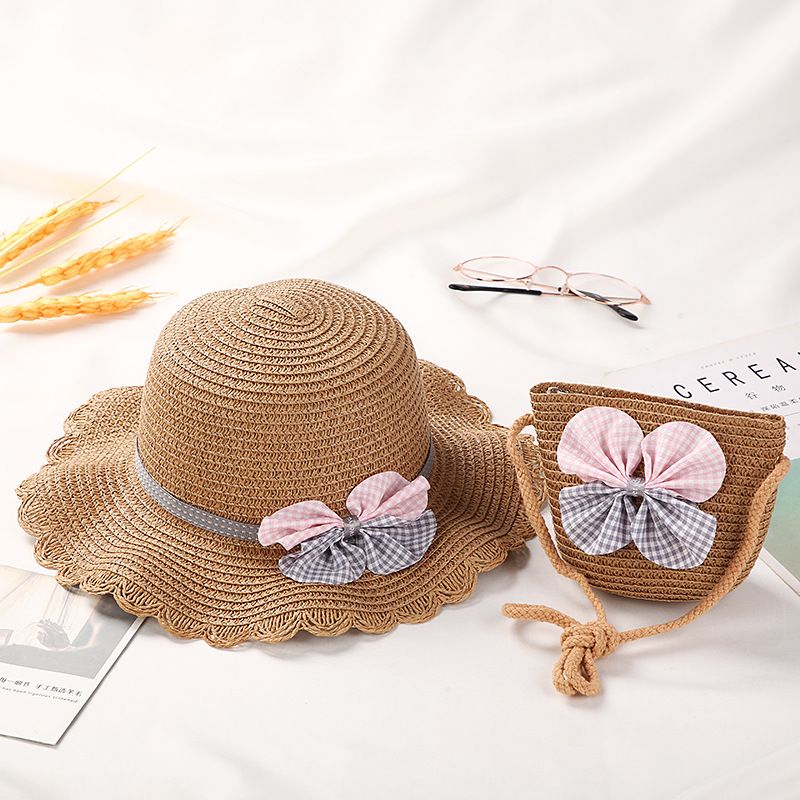 Moda Ragazze Paglia Turismo Fiore Bambini Cappello da Sole e Borsa Set Bambino Esterno Tesa Larga Cappelli da Pescatore_voghion.com