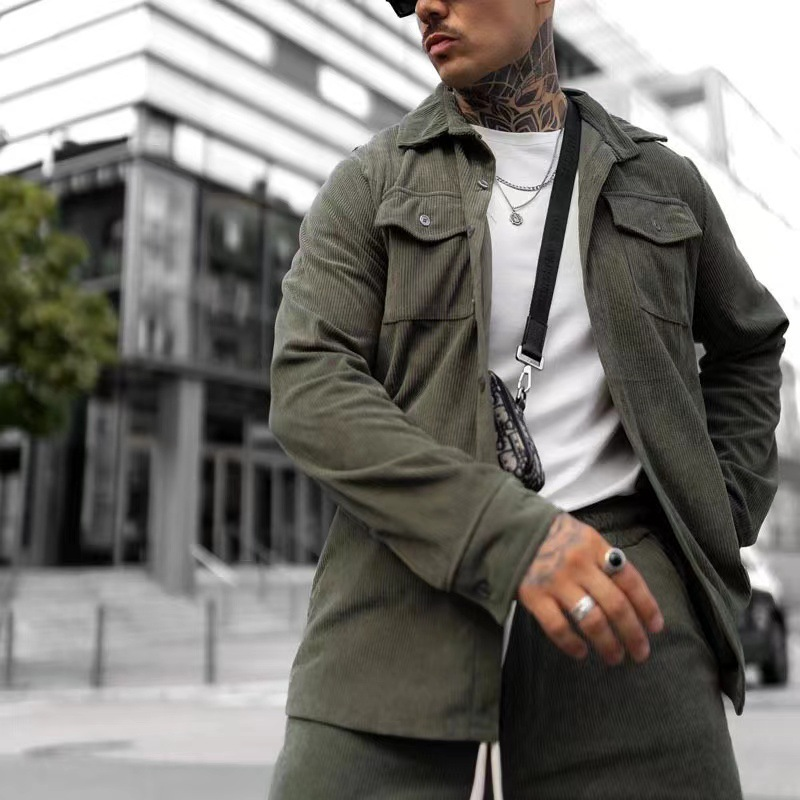 Sportanzug, modische Arbeitskleidung, Freizeithose, trendige einfarbige Jacke, Slim-Fit-Herrenbekleidung, komplettes Set_voghion.com