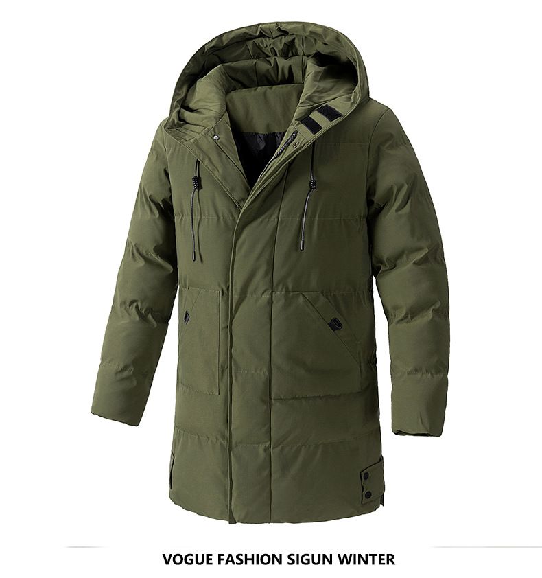 Chaqueta de plumón con capucha de longitud media para hombre: abrigo de invierno extragrande con tejido exterior de mezcla de algodón (negro, gris y verde militar)_voghion.com