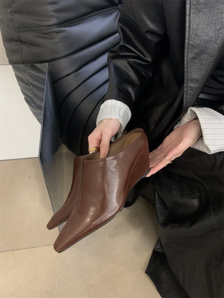 Pointed Half Slippers For Women, Small Square Toe Wedge High Sandals, Fashionable Outdoor Thick Heel Lazy Mules_voghion.com