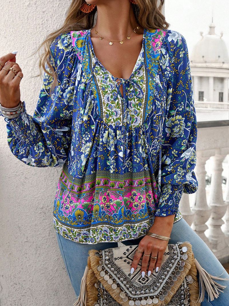Maglietta stampata da donna, top a maniche lunghe con scollo a V e temperamento_voghion.com