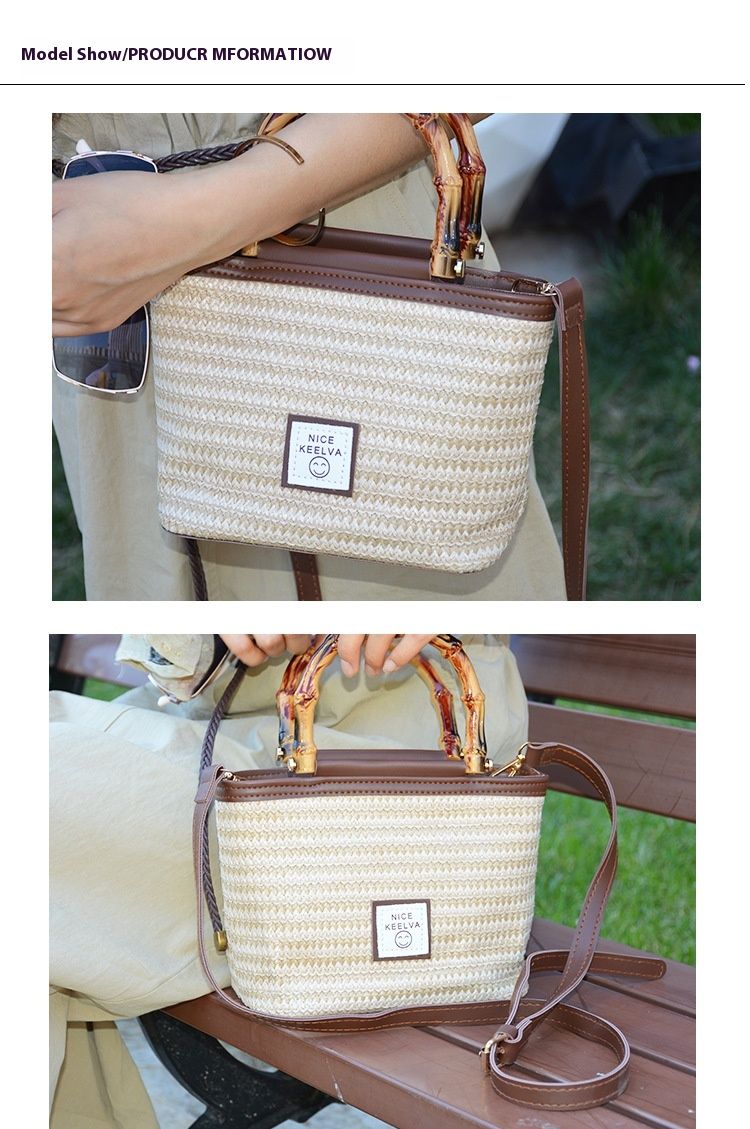 Borsa a mano retrò di fascia alta, borsa a secchiello in tessuto casual estivo da donna in paglia Borsa a tracolla singola alla moda e di nicchia_voghion.com