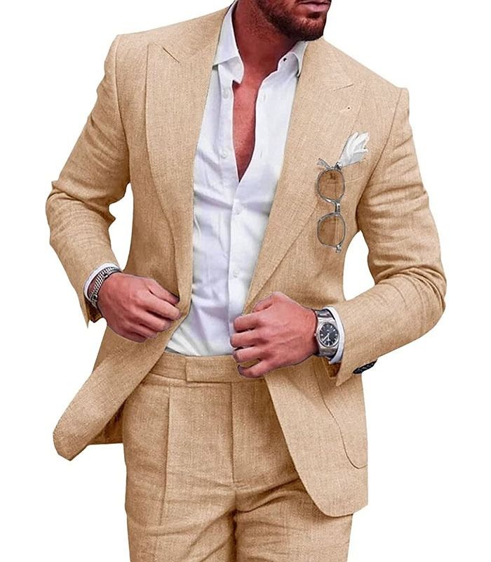 Abbigliamento da uomo nuovi abiti da uomo di grandi dimensioni abiti a due pezzi abiti in lino tinta unita con un bottone (stock completo)_voghion.com