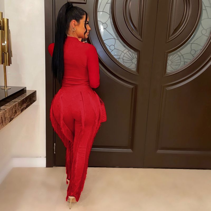 AL223 Completo da donna con tuta in pizzo con nappe, due pezzi, tinta unita, sportivo, autunno inverno_voghion.com