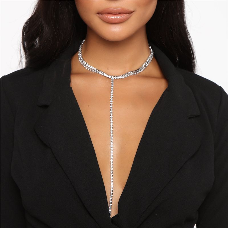 Hot selling rhinestone Y-shaped long tassel necklace for ladies, sparkling crystal collarbone chain, claw chain_voghion.com