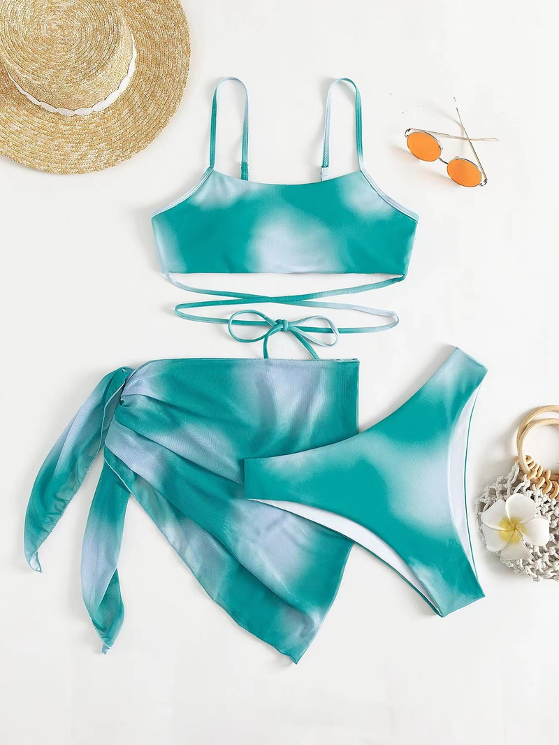Abbigliamento da donna Costume da bagno bikini tie-dye con gonna a rete e spacco in tre pezzi_voghion.com