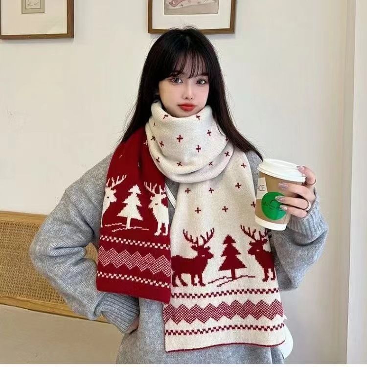 Sciarpa di alce autunnale e invernale per studentesse, versione coreana, in jacquard lavorato a maglia a doppia faccia, con corna di albero di Natale_voghion.com