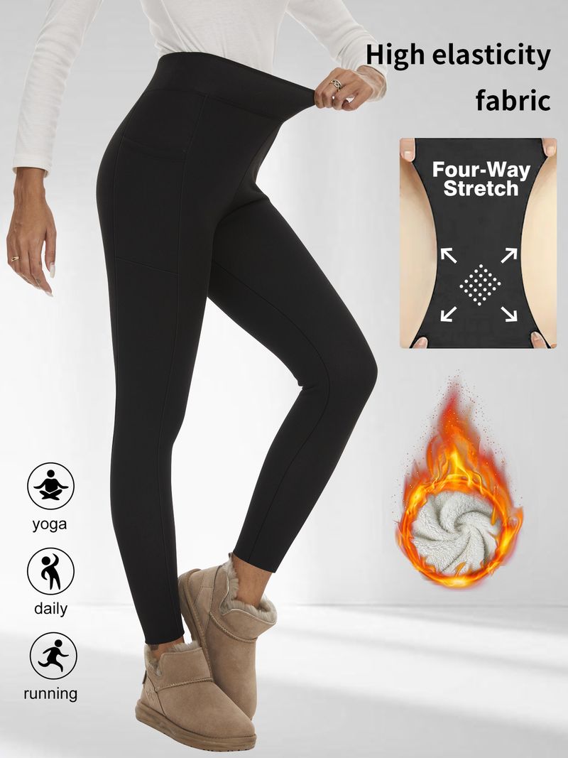Leggings a vita alta con fodera in pile spesso e tasche – Pantaloni da yoga caldi ed elastici per donna (nero, blu navy, rosso vino, grigio scuro)_voghion.com