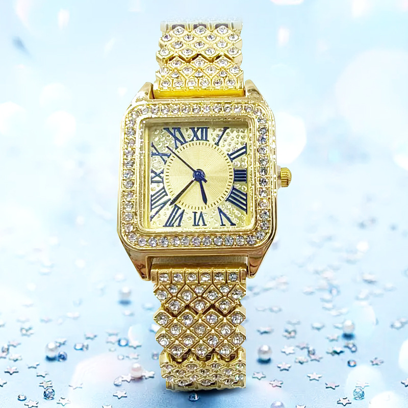 2024 High-End-Mode-Armbanduhr mit Stahlband und eingelegtem Volldiamant und römischem Muster mit Strasssteinen für Damen_voghion.com