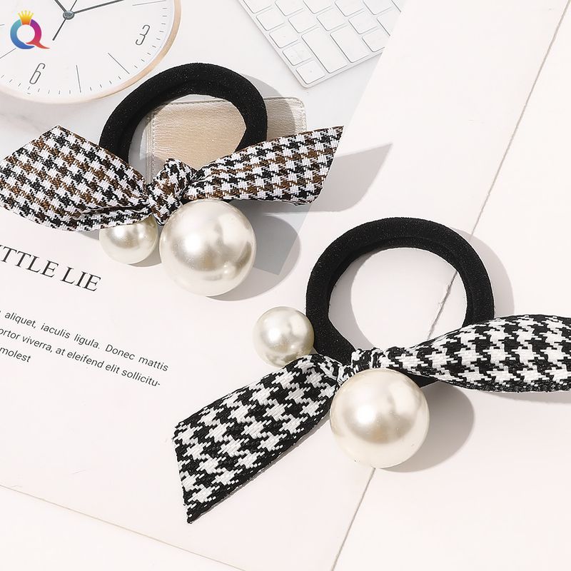 Hair Bow - Black & Houndstooth Pearl Hair Tie Set, Elegant Hair Accessories For Women (3PCS, Adjustable, 5mm Pearls)_voghion.com