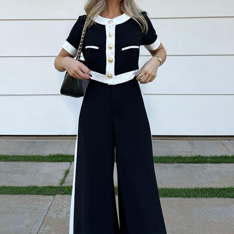 Damenmode Temperament Schwarze Strickjacke Top Gerade Hose Zweiteiliges Set_voghion.com
