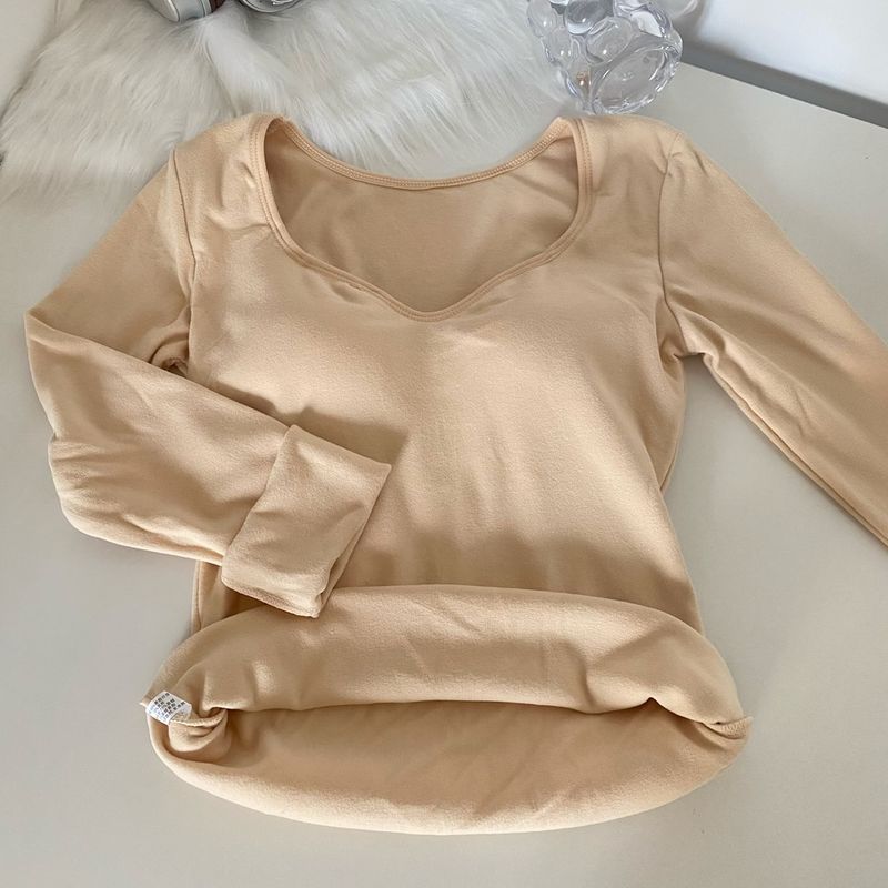 Maglia termica in pile caldo con petto imbottito, scollo a V, vestibilità attillata, manica lunga, strato di base per donna, autunno inverno_voghion.com